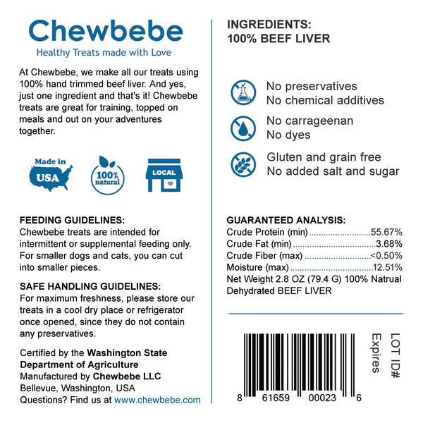 Chewbebe Chewie's Healthy Grass Fed Beef Liver Dog Treats: All Natural Fresh One Ingredient USA