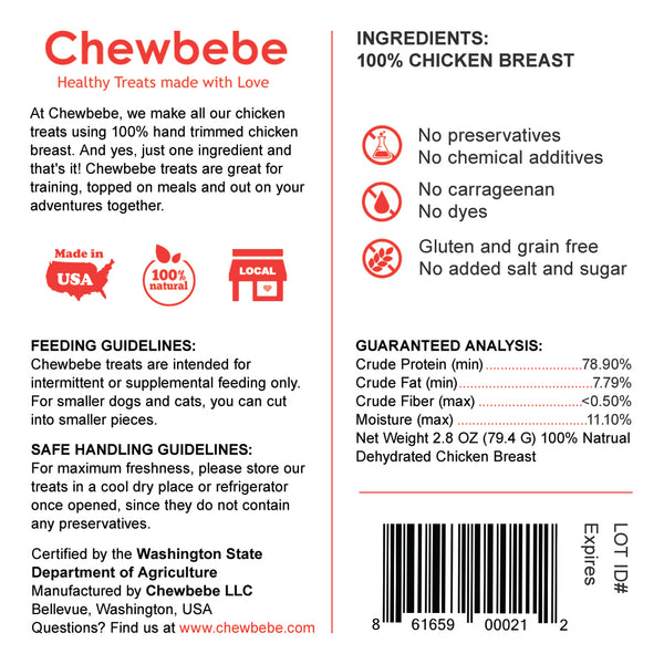Chewbebe Chewie's Chicken Chip Jerky Dog Treats: All Natural Fresh One Ingredient USA