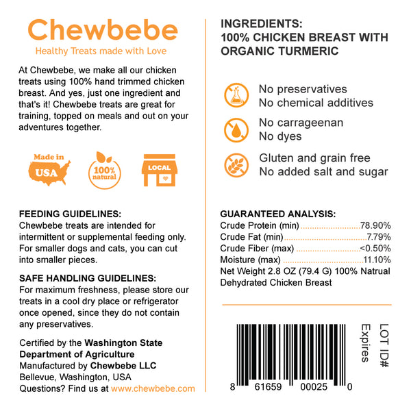 Chewbebe Natural Turmeric Chicken Jerky Chips Dehydrated Fresh USA Dog Treats